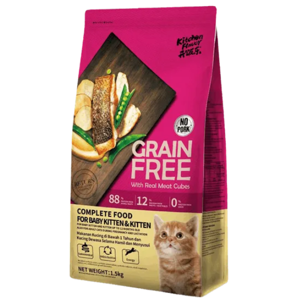 Kitchen Flavor Grain Free Cat Food with Real Meat Cubes– 1.5kg & 8kg for Kittens